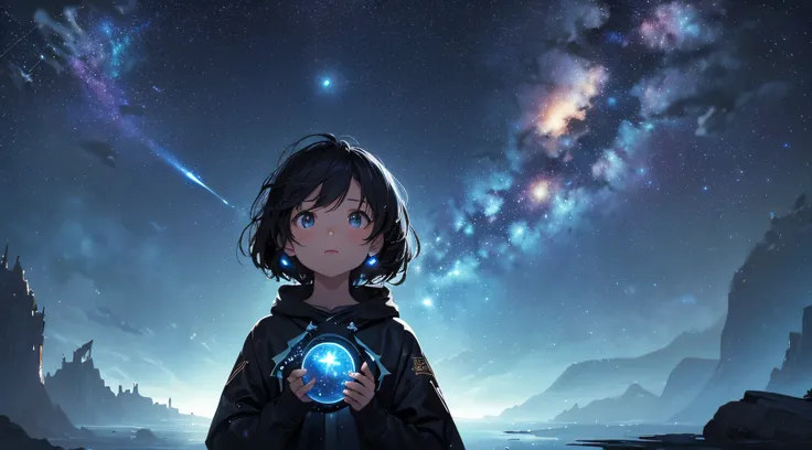 ​masterpiece、Background with((Mysterious starry sky、kosmos、Meteor swarm、black hole))、Depth((Luminescent planets))、A little girl who cant see far away、Looking up