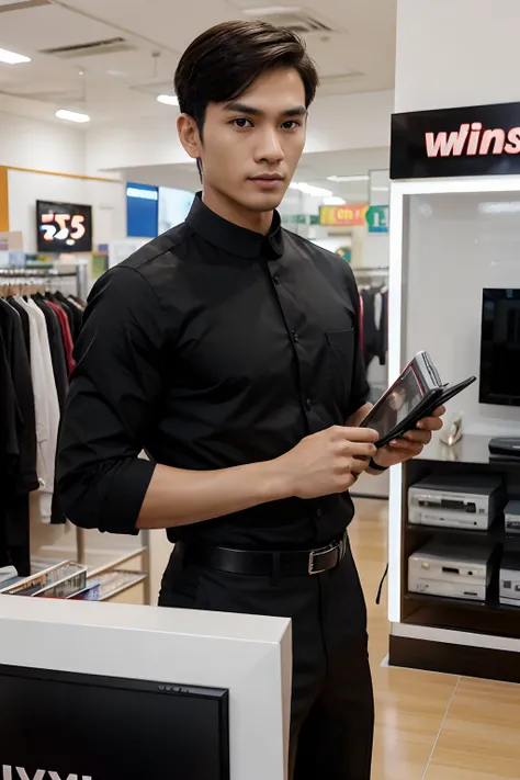 A male TV, Thai person, personality: tall, thin, red-skinned, looks like someone from the south of Thailand,Big eyes, prominent nose, short hair, salesman in a department store, TV department, wearing a black uniform and a sharp face, is recommending the s...