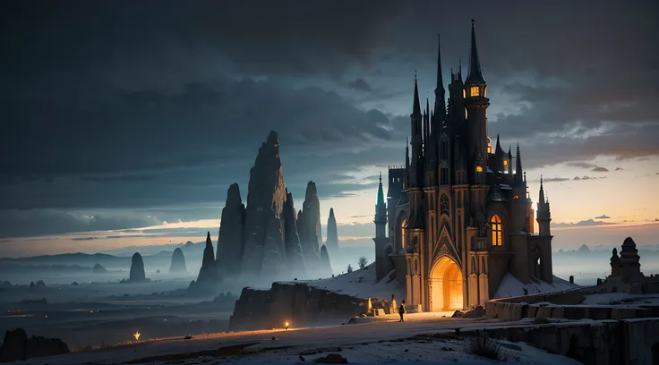 Dark Fantasy, The fantastic scenery, highly detailed landscape, Moonlight, Alien City　The Future of Science Fiction, dark art, Dystopian atmosphere, Mechanical and retro world, land like cappadocia, light from building windows, Strange architecture and cit...