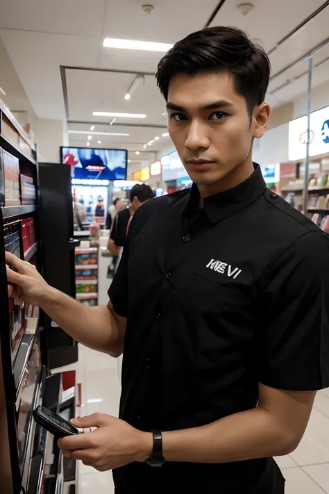 A male TV, Thai person, personality: tall, thin, red-skinned, looks like someone from the south of Thailand,Big eyes, prominent nose, short hair, salesman in a department store, TV department, wearing a black uniform and a sharp face, is recommending the s...