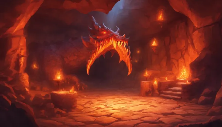 Fantastic forge in a cave, lava channels, forge, mountain cave, Huge dragon, walled up in the wall, cave ceiling, stonework