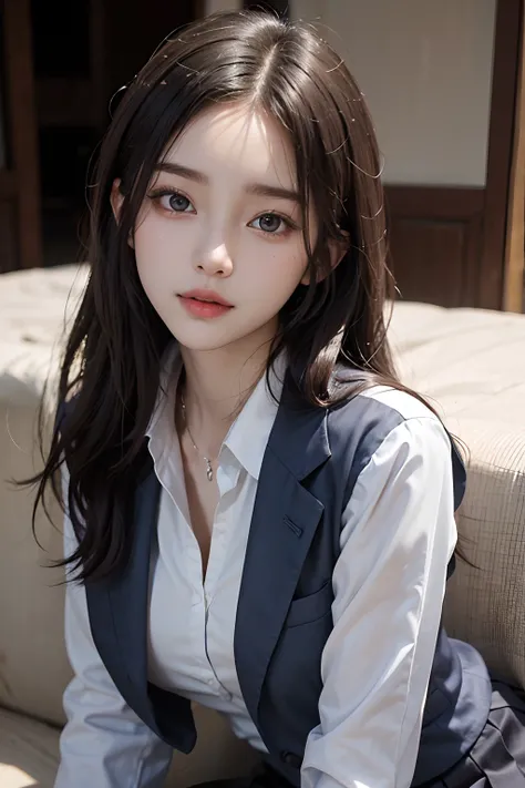 Photo Uniform Pose(Dark blue blazer、White dress shirts、Charcoal Grape Pleated Skirt)Close up portrait of woman wearing it, Beautiful midlift with black hair、Beautiful Asian Girl, Korean Girl, girl cute-fine face, beautiful Korean women, Gorgeous young Kore...