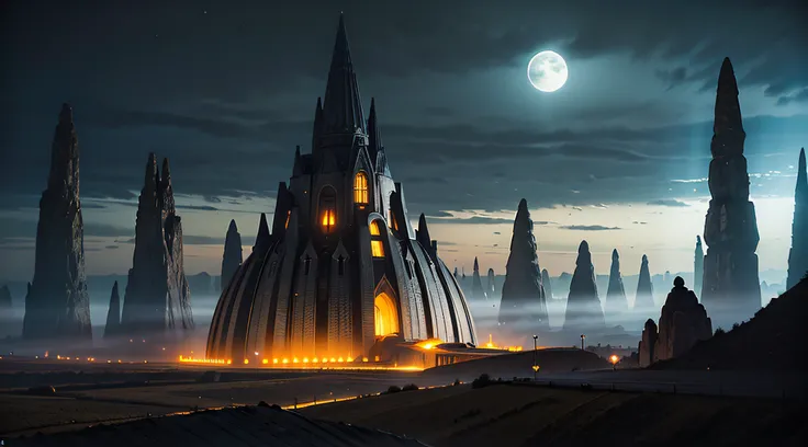 Dark Fantasy, The fantastic scenery, highly detailed landscape, Moonlight, Alien City　The Future of Science Fiction, dark art, Dystopian atmosphere, Mechanical and retro world, land like cappadocia, light from building windows, Strange architecture and str...