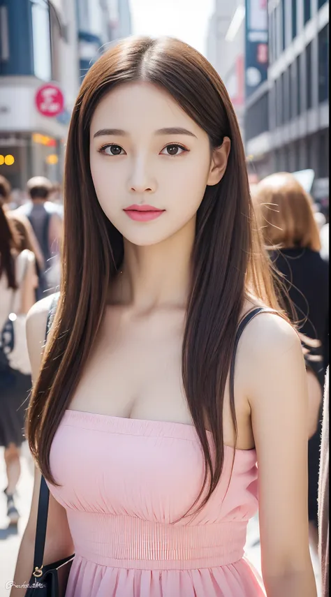 Walk the streets of the city,One lady、 Bandeau Dress, Wearing long gorgeous clothes, Wearing a long dress with pink flowers, cute couple, shopping, In the city, highly detailed beautiful girl, Highly detailed face, Highly detailed eyes, highly detailedskin...