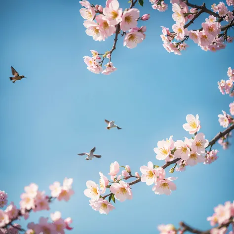 peach blossom,birds and flowers，Birds flying in the flowers，blossoms（8K，best qualtiy，tmasterpiece：1.2），realisticlying，（realisticlying：1.37），A detailed，best qualtiy，A high resolution,Photo level,Dont be characterized，Light pink,blossoms, hasselblatt,Photo l...