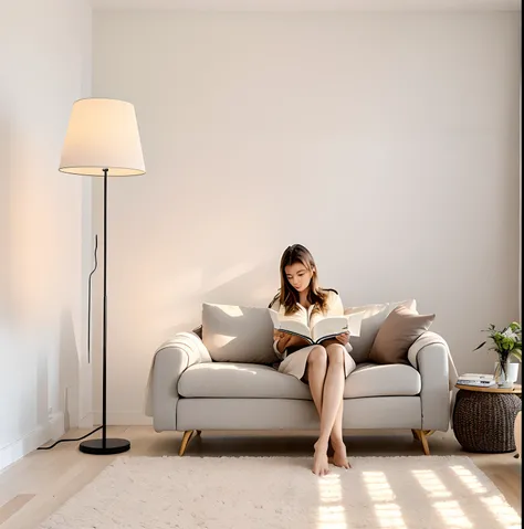 European woman sitting on sofa reading book, Warm ambient light, floor lamp, Have in the living room, ambient amber light, Warm ambient lighting, placed in a living room, gentle ambient lighting, indoor soft lighting, placed in a large living room, Soft wa...