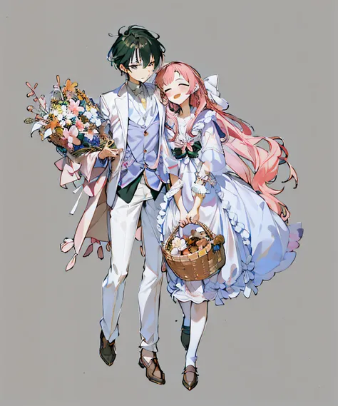 anime couple wearing white and pink clothes，hands holding flowers and basket, sakimichan and frank franzzeta, anime in fantasy s...