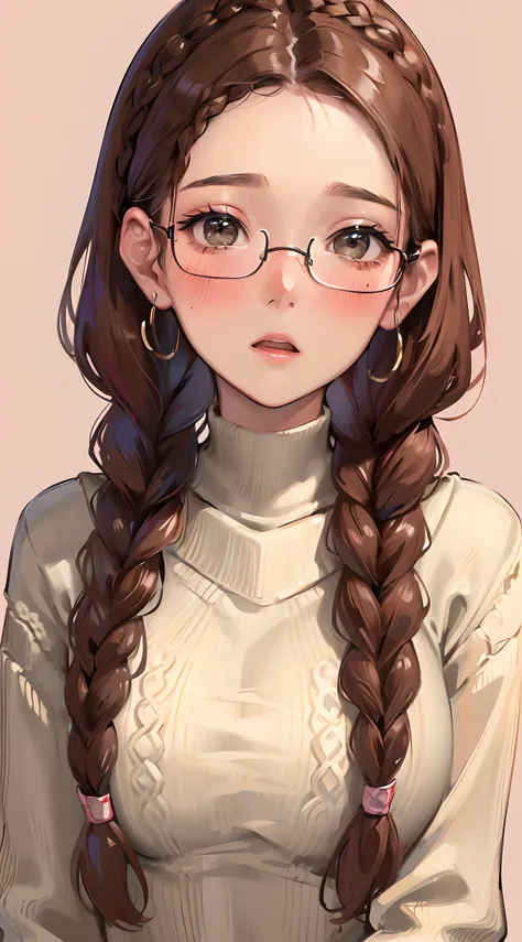 1womanl,Brown hair, ,((Impatient expression)),Beautiful breasts,Sweater knitwear,well-styled,,(Facing the front)(((Blushing cheeks、Surprised look)),(((Braids))),((( Upper body portrait)))Frameless glasses