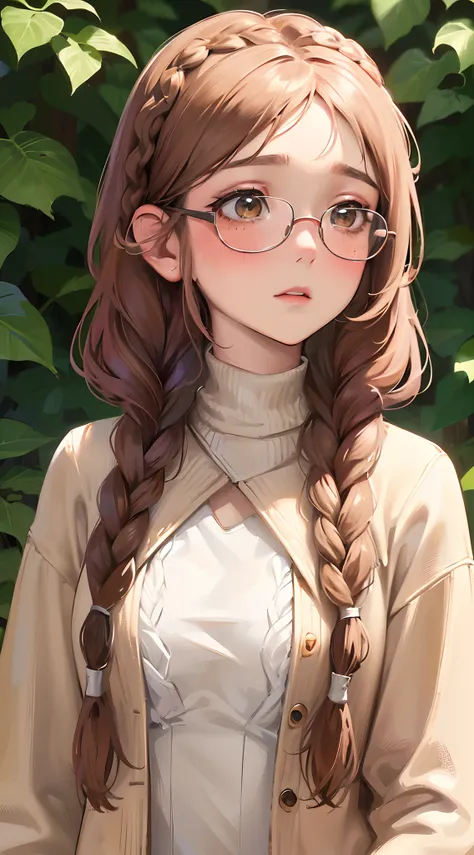 1womanl,Brown hair, ,((Impatient expression)),Beautiful breasts,Sweater knitwear,well-styled,,(Facing the front)(((Blushing cheeks、Surprised look)),(((Braids))),((( Upper body portrait)))Frameless glasses