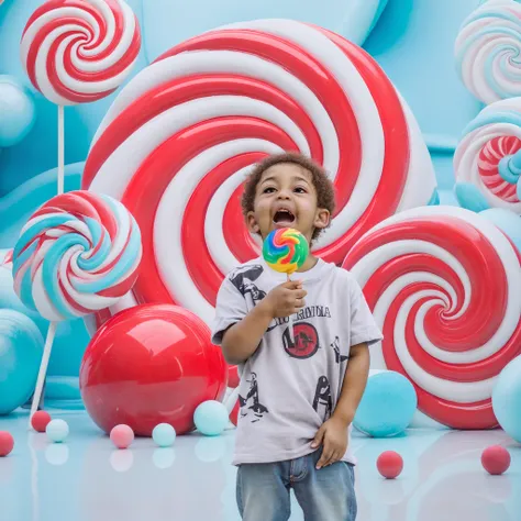 Araffe boy holding a lollipop in front of a lollipop backdrop, foto comercial do brinquedo, feito de doces e pirulitos, Pirulitos, pirulito, Terra dos Doces, Photo Session, Candyland, cyan photographic backdrop, bombom, everything is made of candy, fotogra...