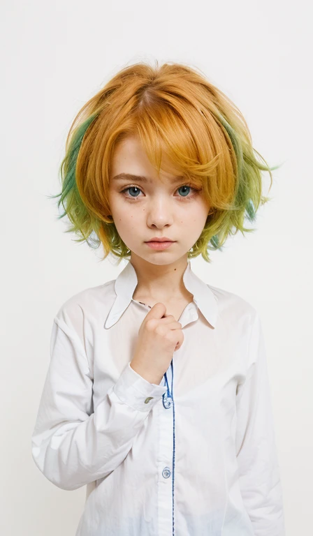 1girl, orange green hairs, blue eyes, white clothes, scar on the neck