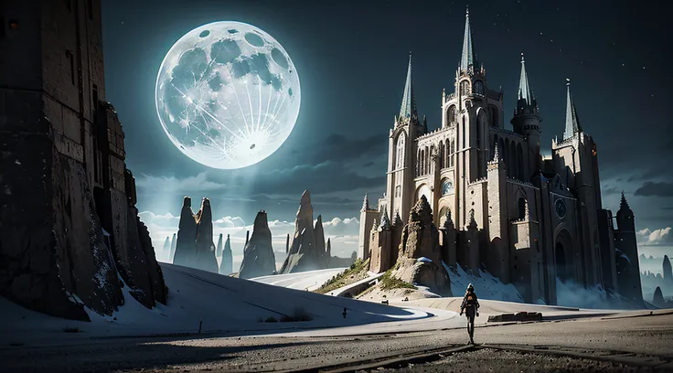 Dark Fantasy, The fantastic scenery, highly detailed landscape, Moonlight, Alien City　The Future of Science Fiction, dark art, Dystopian atmosphere, Mechanical and retro world, land like cappadocia, light from building windows, Strange architecture and str...