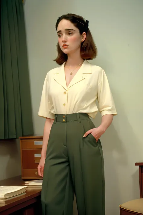 1995, massachusetts mountain village. Pre-raphaelite ((((40-year-old)) jennifer connelly)), doctor, hospital office, ((((casual Clothing from the 1990s, tailored pants and bouse)))) ((short Hairstyle of the 1990s)), ((Wes Anderson cinematic style)), colorf...