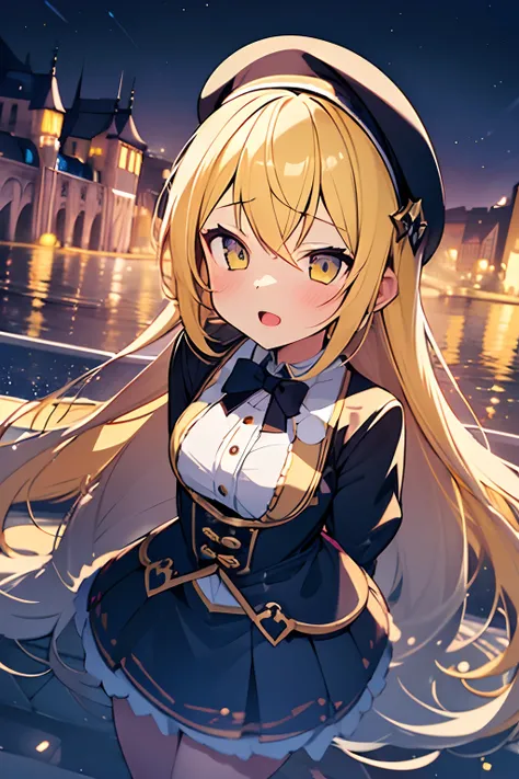 1girl. yellow hair.long hair.short stature. small breast.skirt. (((masterpiece))).(((best quality))).)((ultra-detailed))).(((illustration))).(((night view))).Magical girl costume.magic circles.open mouth.Sad face.beret