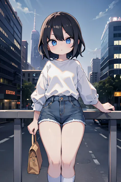 1 girl, short black hair, blue eyes, wearing plain white shirt, denim shorts, city, absurd, high resolution, ultra-clear, 8k, masterpiece, Looking at Viewer, standing