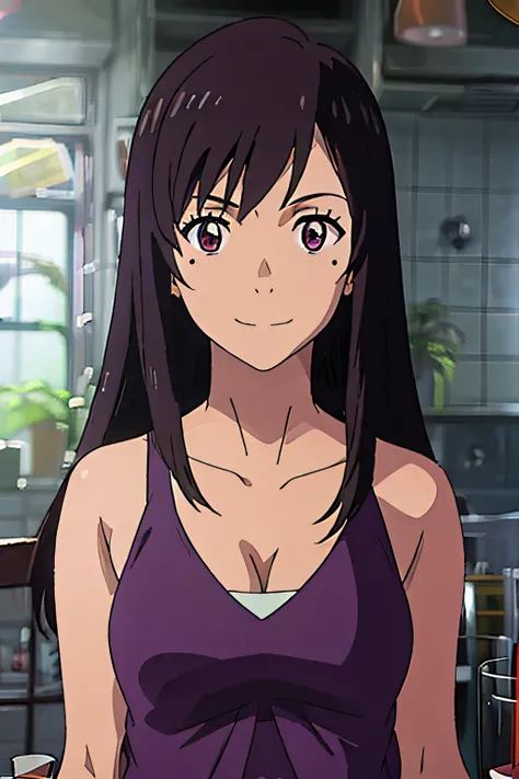 1girl, solo, upper body, facing viewer, looking at viewer, smile, natsumi_suga, mole, purple eyes, tank top,cleavage, shorts, sh...