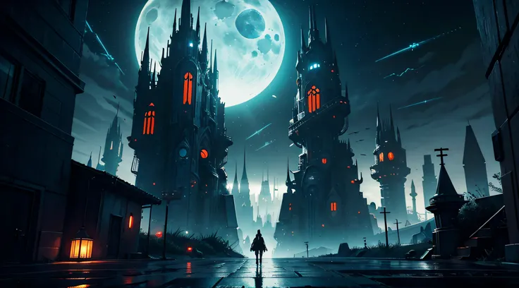 Dark Fantasy, The fantastic scenery, highly detailed landscape, Moonlight, Alien City　The Future of Science Fiction, dark art, Dystopian atmosphere, Mechanical and retro world, land like cappadocia, light from building windows, Strange architecture and str...