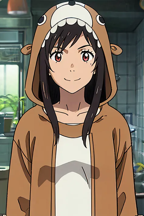 1girl, solo, upper body, facing viewer, looking at viewer, smile, natsumi_suga, hooded bear costume,