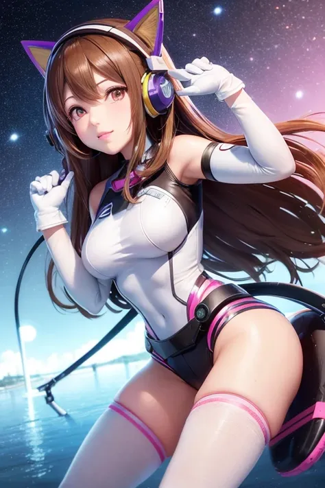 masutepiece, Best Quality, High resolution, 1girl in, 超A high resolution, Solo, Mecha Pilot, D.va, headphones, Pink eyes, Blue tights, Brown hair, White Gloves, Cat makes advertising ornaments,