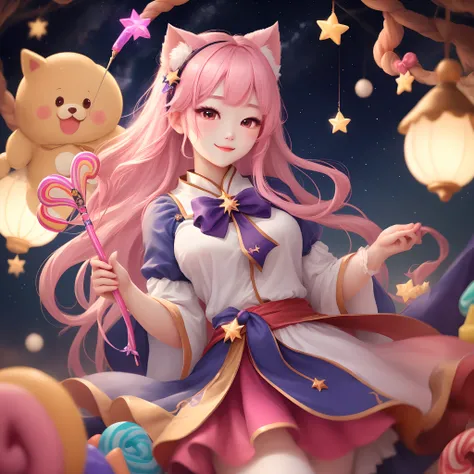 In the world of Candy Star Language，There is a female character named Fen&#39;er。Her eyes twinkled with starlight，like bright stars in the night sky。Her hair is soft pink，As sweet as cotton candy。Fen&#39;er is wearing a flowing star skirt，The skirt exudes ...