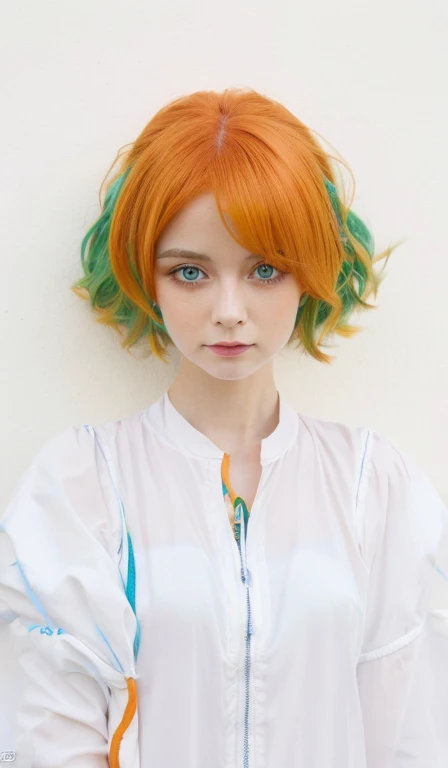 1girl, orange green hairs, blue eyes, white clothes, scar on the neck