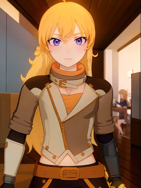 yangxiaolong, yang xiao long, long hair, blonde hair, (purple eyes:1.1), ahoge, bangs,
break cleavage, jacket, belt, mechanical ...