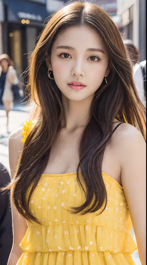 Walk the streets of the city,One lady、 Bandeau Dress, Wearing long gorgeous clothes, wearing a long yellow flower dress, shopping, In the city, highly detailed beautiful girl, Highly detailed face, Highly detailed eyes, highly detailedskin, extremely detai...