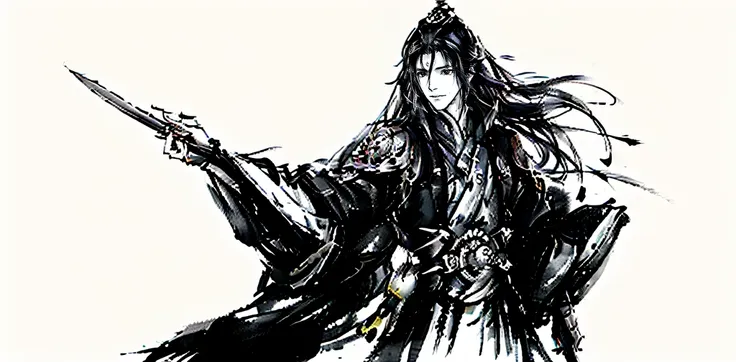 characteristics of long-haired men in black cloaks，black haired deity，black hair longhair，yang j，brunette color hair，flowing dar...