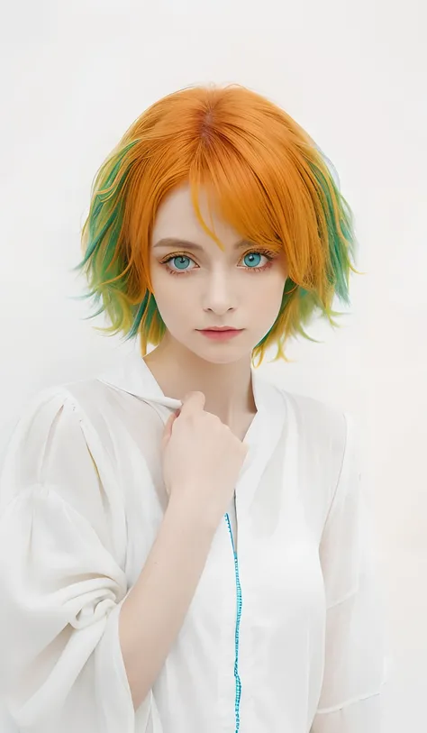 1girl, orange green hairs, blue eyes, white clothes, scar on the neck