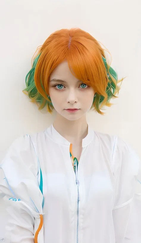 1girl, orange green hairs, blue eyes, white clothes, scar on the neck