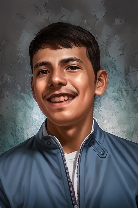 arafed boy in blue jacket smiling at camera with gray background, jose miguel roman frances, headshot photo, christian orrillo, ...