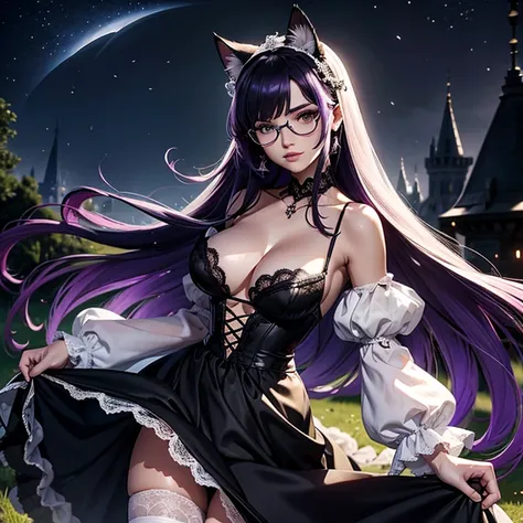 une femme adulte avec des lunettes dans un parc ,Black wedding dress with sleeves, Robe moulante, robe près du corps, black wedding viel, Lolita , gothiques, long skirt, cat ears, white stockings, Dark and purple hair, cheveux noirs et mèches violettes, or...