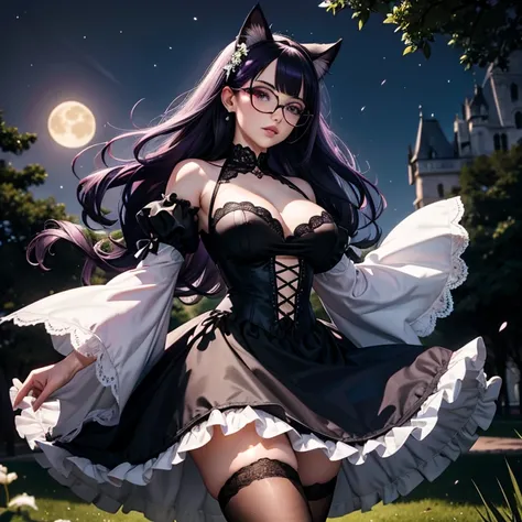 une femme adulte avec des lunettes dans un parc ,Black wedding dress with sleeves, Robe moulante, robe près du corps, black wedding viel, Lolita , gothiques, long skirt, cat ears, white stockings, Dark and purple hair, cheveux noirs et mèches violettes, or...