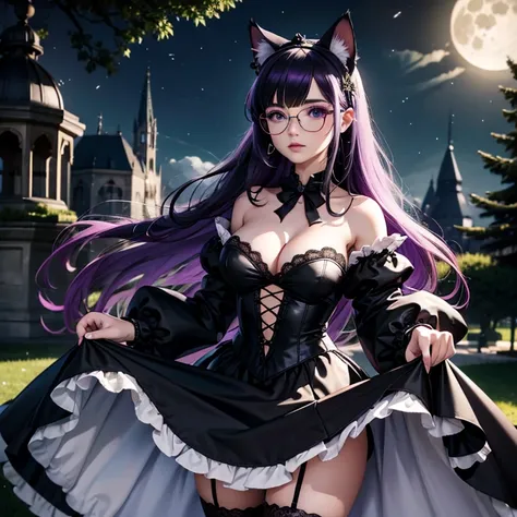 une femme adulte avec des lunettes dans un parc ,Black wedding dress with sleeves, Robe moulante, robe près du corps, black wedding viel, Lolita , gothiques, long skirt, cat ears, white stockings, Dark and purple hair, cheveux noirs et mèches violettes, or...