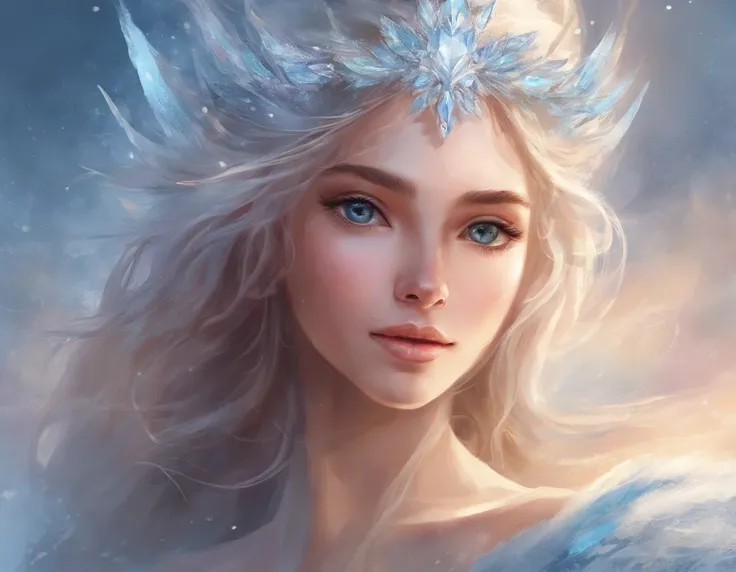 Portrait of a Young Woman, ice princess, with big ice crystals and snow in her hair, cool winter colors, brush stroke painting, ultra-deales HD quality