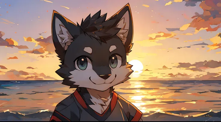 furry,fur,body fur,solo,male,(smile),((ocean,sunset)),short sleeves,character focus, full of black fur, black eyes,break,aoeu