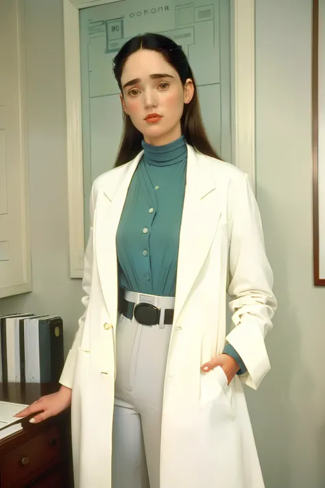 1995, Boston. Pre-raphaelite ((((40-year-old)) jennifer connelly)), doctor, hospital elegant office, working, ((((casual Clothing from the 1990s, tailored pants and bouse, white coat)))) ((short Hairstyle of the 1990s)), ((Wes Anderson cinematic style)), c...