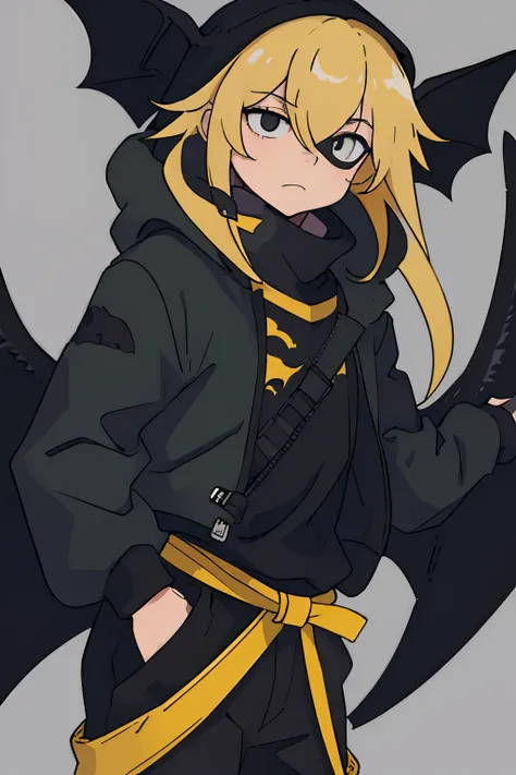 1guy, long yellow hair, dark green down jacket with fluffy hoodie, black pants, eyes covered by hair, bangs covered eyes, black turtle neck sweater, black backpack, bat wings, grey shark beanie