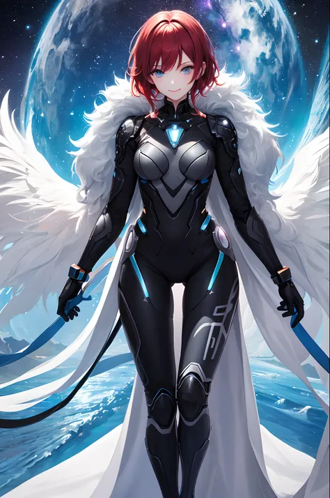 top-quality、Top image quality、​masterpiece、超A high resolution、Android Beautiful Girl、adult lady, Cybersuit glowing black, Blue energy source for the chest、milkyway、Red hair、short-haired、Blue eyes、A slender、The face is depicted in detail、Eyes are drawn in d...