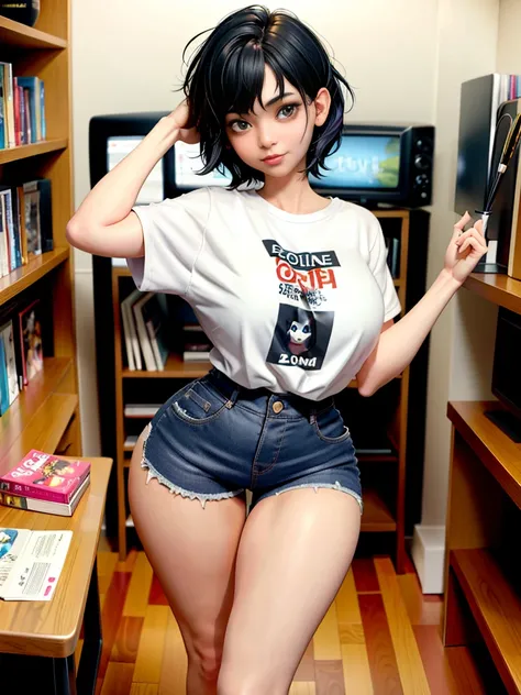 best quality, 1girl, ((looking at viewer)), dark blue hair, black eyes, very short hair, spiky hair, ahoge, t-shirt, high waisted jeans, 171cm, messy hair, hair between eyes, medium breasts, large breasts, plump, dark skin, tomboy, adult, 20 years old, 1gi...