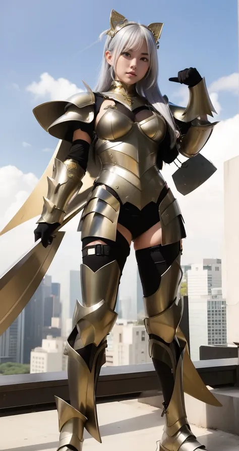 infp young woman、Good Style、Silver hair、、Idol face、large full breasts、、Shorts、Leg armor、golden armour、