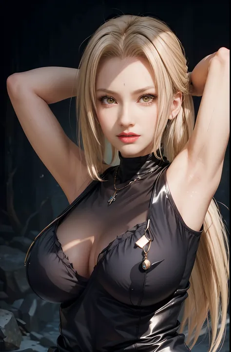 realistic, 1girls, Tsunade, best quality, 12k, HD, long hair, big round breasts, cleavage, ponytail, necklace, jewelry, shorts, slim hips, hair band, yellow eyes, yellow hair, super detailed, Eye details , hair details, person details, mouth details, face ...