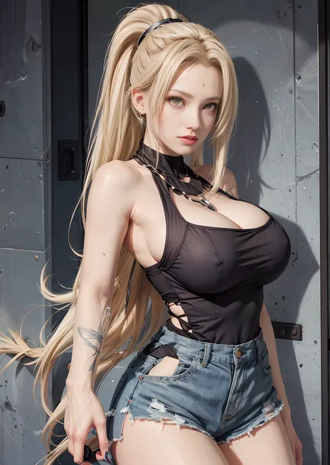 realistic, 1girls, Tsunade, best quality, 12k, HD, long hair, big round breasts, cleavage, ponytail, necklace, jewelry, shorts, slim hips, hair band, yellow eyes, yellow hair, super detailed, Eye details , hair details, person details, mouth details, face ...