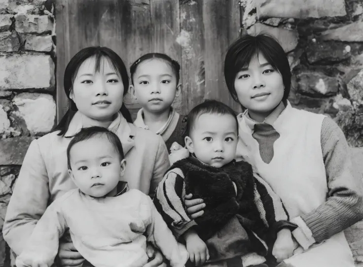 Black and white photos of Chinese people，Two ladies and three little boys，Facial emaciation，without a beard，Good facial features，Symmetrical facial features，The ears are symmetrical and clear，Super clear and lifelike facial features，The texture of the clot...