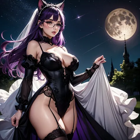 une femme adulte avec des lunettes dans un parc ,Black wedding dress with sleeves, Robe moulante, robe près du corps, black wedding viel, Lolita , gothiques, cat ears, white stockings, Dark and purple hair, cheveux noirs et mèches violettes, oreilles de ch...