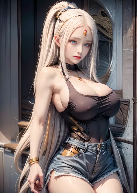 realistic, 1girls, Kaguya, best quality, 12k, HD, long hair, big round breasts, cleavage, ponytail, necklace, jewelry, shorts, slim hips, hair band, yellow eyes, yellow hair, super detailed, Eye details , hair details, person details, mouth details, face d...