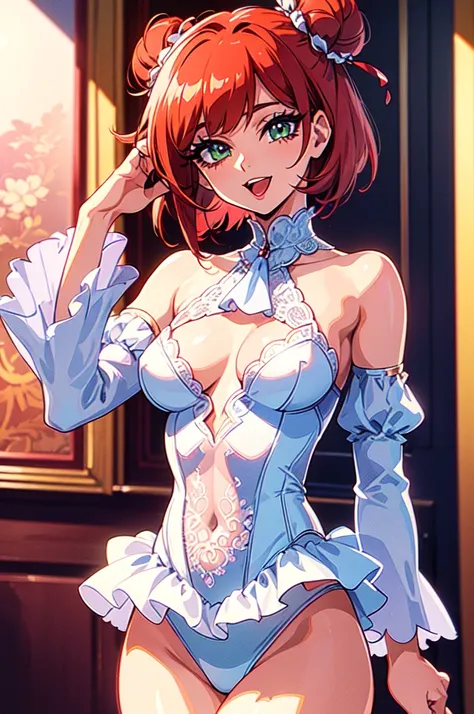 (masterpiece:1.1), best quality, NSFW, 
1girl, (80s anime style:1.3), (eyelashes:1.5), (loli:1.2), 
(intricate high detailed body:1.2), 
red hair, (short hair, twin messy bun:1.1), 
green eyes, (lip stick:1.1), 
slender body, large breasts, 
(happy, smile:...