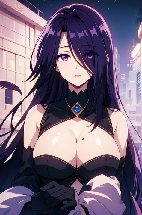 Black clothe、Dark purple hair、vibrant purple eyes、Longhaire、Black Gloves、The left eye is hidden、Mole in the lower right corner of the mouth、background is city at night、