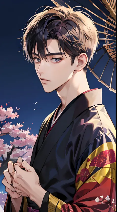 (masutepiece:1.3),(Best Quality:1.2),8K,absurderes,(Extremely detailed:1.3),highest grade,(1boy:1.2),Portrait,Shirt, Short hair, Very short hair,Piercing、He is wearing a delicate and cool dark purple men&#39;s kimono.。The background is Japanese autumn