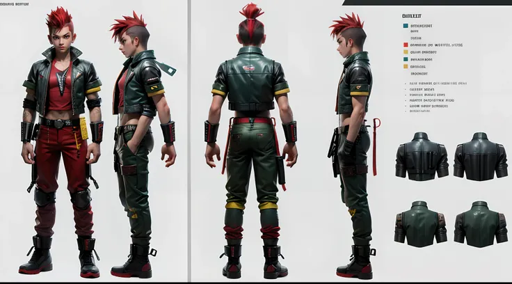 Boy with a long red mohawk, Green vest, Yellow pants, cyberpunk 14 years old, Standing, 3 Displaying drawings, front, left side and back, Character Sheet, Full body, Simple white background, character reference sheet, Concept art, design sheet, Character D...